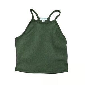 Earthbound Ribbed Tank Top Olive Green Cropped Sleeveless Peace Sign Womens S